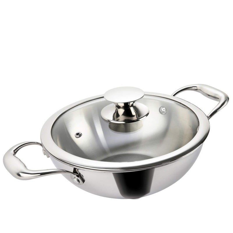 Alda Vitale Tri-Ply Stainless Steel Wok Pan Kadhai 20 Cm 1.7 LTR with Glass Lid - Image 2