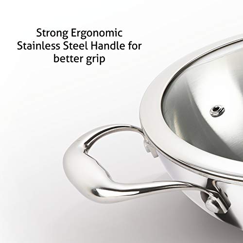 Alda Vitale Tri-Ply Stainless Steel Wok Pan Kadhai 20 Cm 1.7 LTR with Glass Lid - Image 5