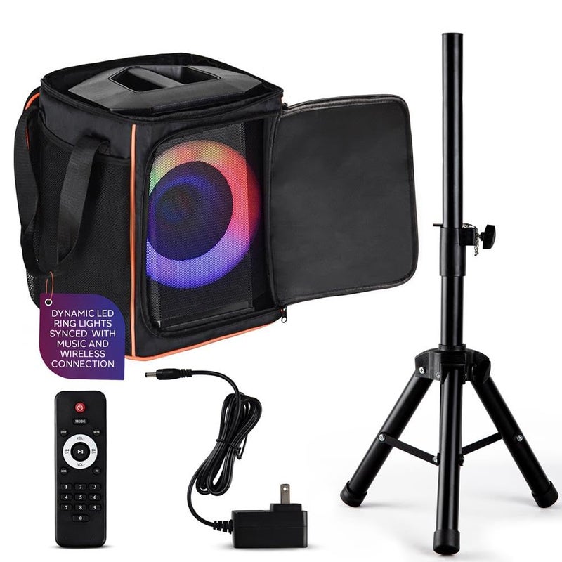 Pyle Portable Bluetooth Speaker with 8 Inch Woofer TWS Mic Input USBSDFM Radio Colorful Ring Lights 120 W Rechargeable Battery Tripod Stand Speaker Bag HiFi Sound OutdoorIndoor Use - Image 2