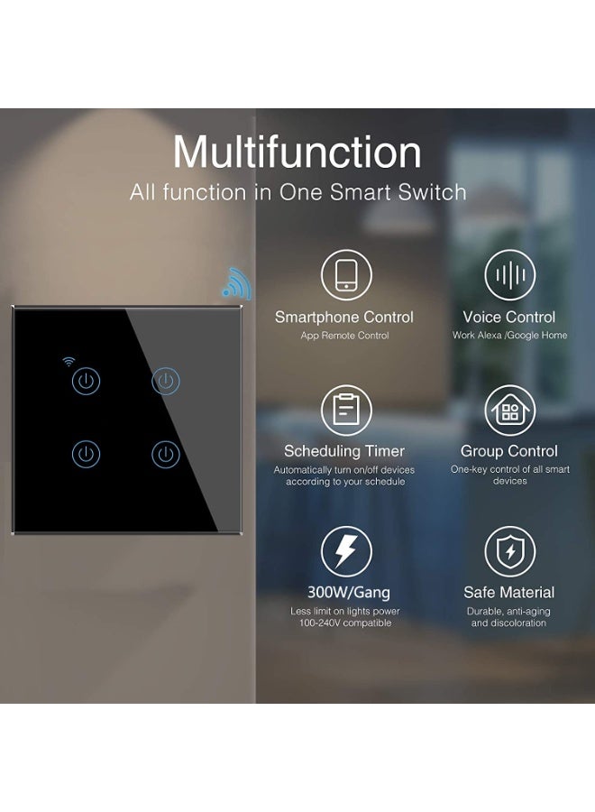 Tichondrius WiFi Smart Wall Light Switch, No Neutral Wire Required, No Hub Required, Compatible with Alexa, APP Remote Control, Timing Function, Voice Control (Black 4 Gang） - Image 3