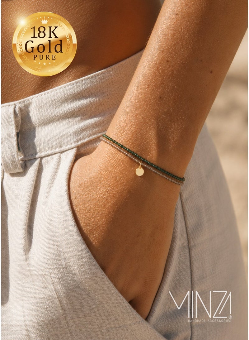 Minza “Lady Queen” Women’s Gold Bracelet, Pure 18K Gold Pendant, Jade & Silica Stones, Handmade Adjustable Cord Bracelet, Jewelry for Casual & Special Occasion. - Image 1