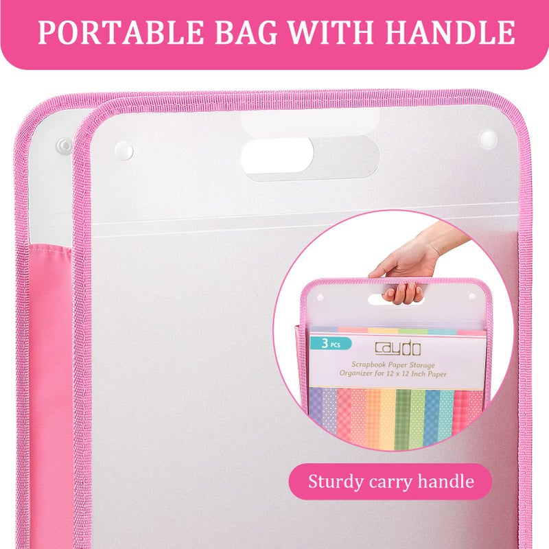 Caydo Scrapbook Paper Storage Organizer, Pink Expanding Paper Folio for 12 x 12 Sheets, Scrapbook Storage with Transparent Portable Handle for Holding Scrapbooking, Vinyl, Cardstock - Image 5
