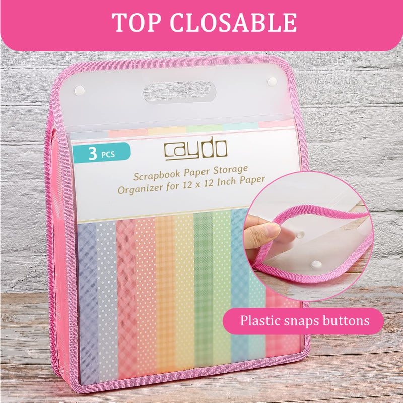 Caydo Scrapbook Paper Storage Organizer, Pink Expanding Paper Folio for 12 x 12 Sheets, Scrapbook Storage with Transparent Portable Handle for Holding Scrapbooking, Vinyl, Cardstock - Image 4