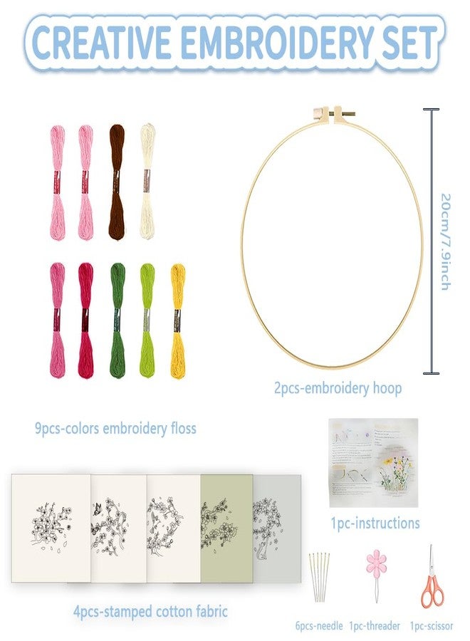 FREEBLOSS 5 Set 8'' Cherry Blossom Embroidery Kit Cross Stitch Kit with Stamped Cherry Pattern Cherry Embroidery Kit for Beginners Instructions Included Embroidery Starter Kit for Adults - Image 2