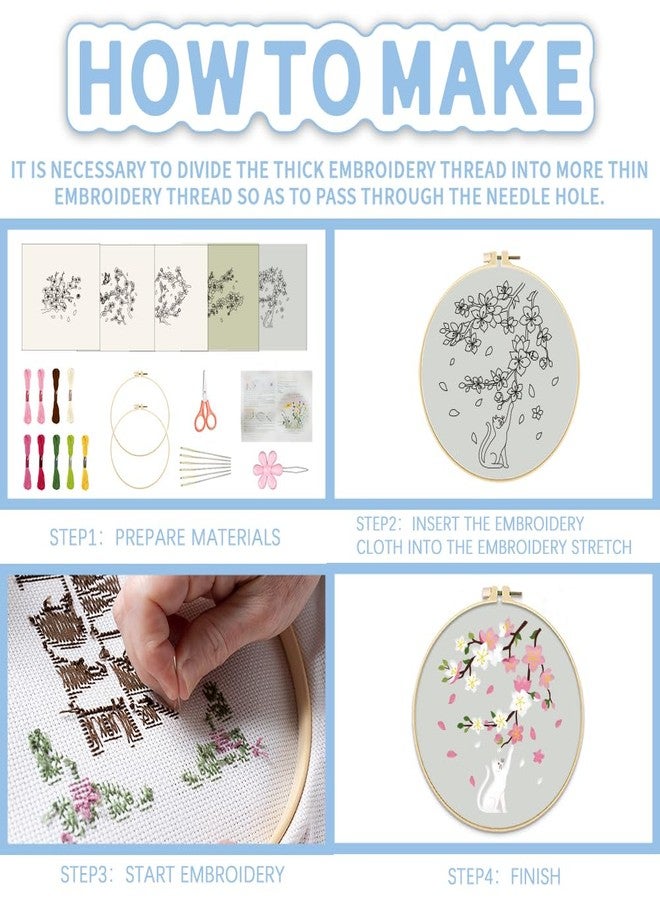 FREEBLOSS 5 Set 8'' Cherry Blossom Embroidery Kit Cross Stitch Kit with Stamped Cherry Pattern Cherry Embroidery Kit for Beginners Instructions Included Embroidery Starter Kit for Adults - Image 5