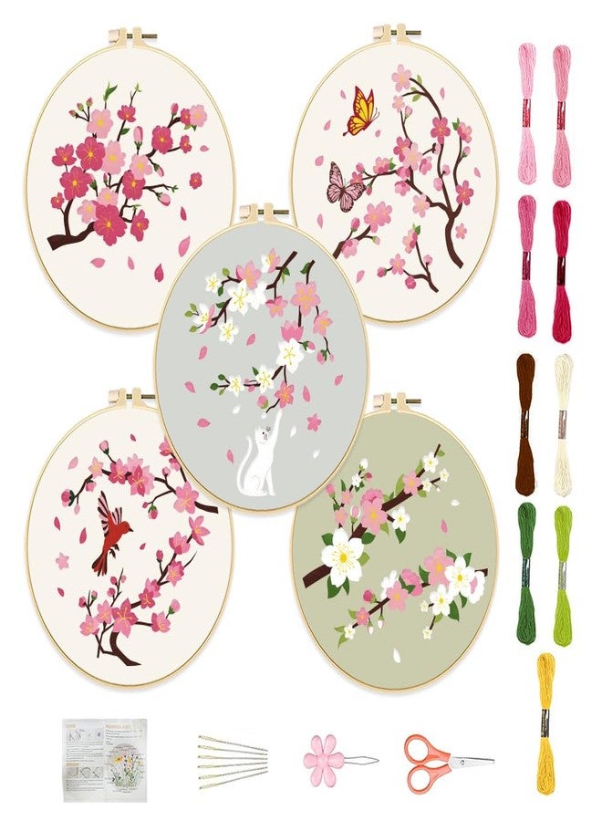 FREEBLOSS 5 Set 8'' Cherry Blossom Embroidery Kit Cross Stitch Kit with Stamped Cherry Pattern Cherry Embroidery Kit for Beginners Instructions Included Embroidery Starter Kit for Adults - Image 1