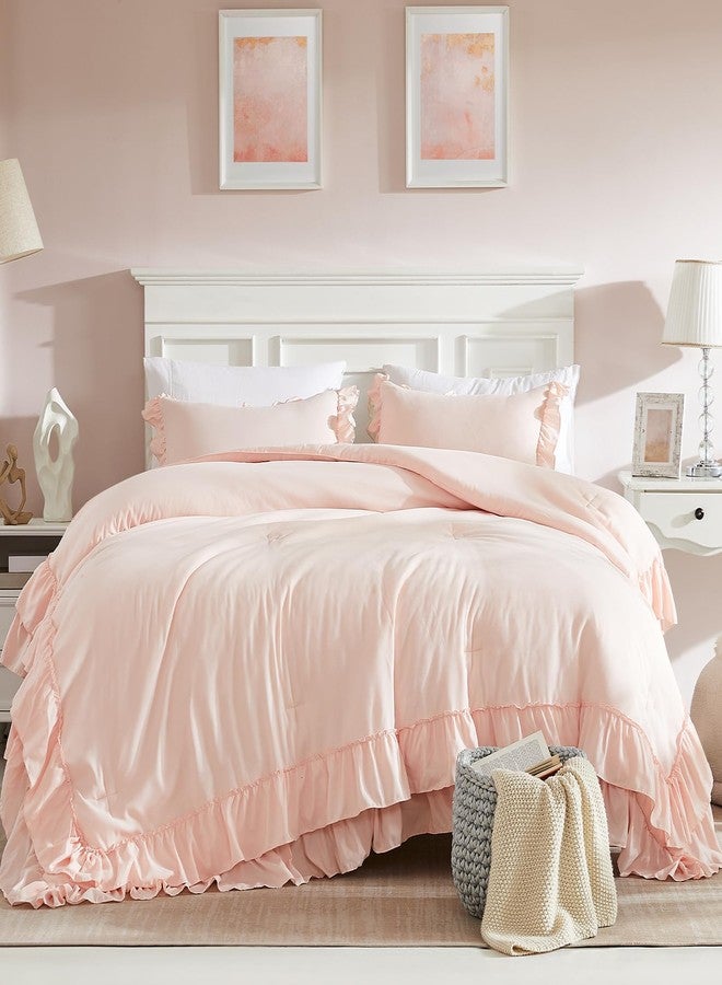 Cupocupa Blush Full Comforter Set, 3Pcs Ruffle Farmhouse Bedding Set with Comforter & Pillowcases, Soft Lightweight Fluffy Shabby Chic Comforter Set for All Season Use (Blush, F) - Image 3