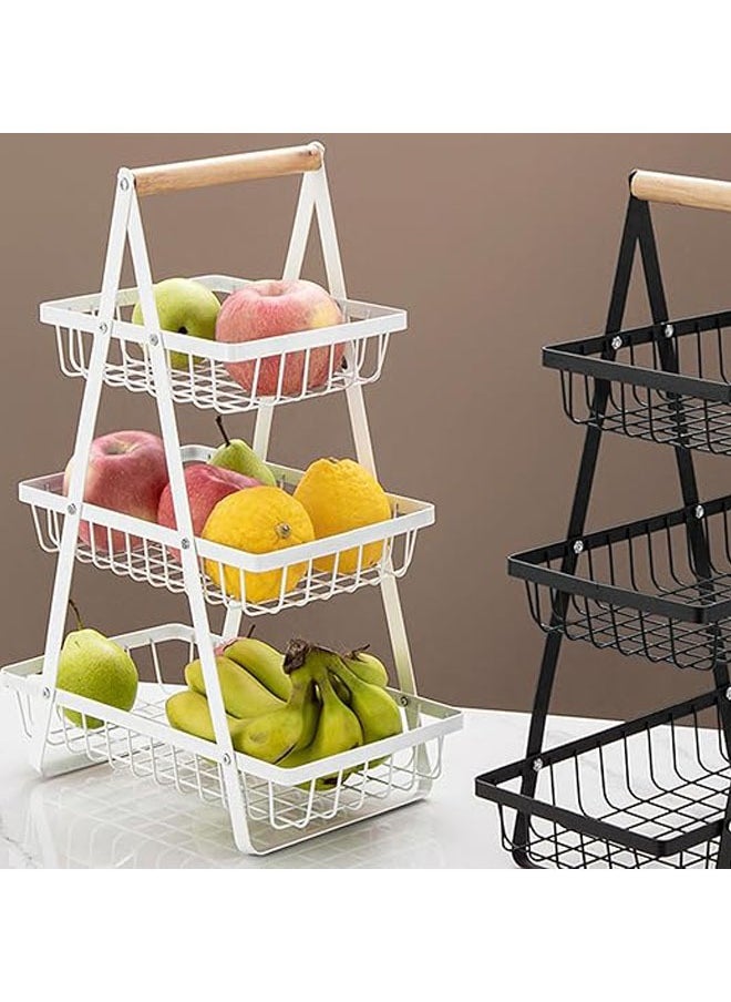 3 Tier Fruit Basket, Fruit Basket for Kitchen Counter,Fruit Holder,Fruit Bowl with Wooden Handles, for Kitchen Storage and Restaurant Fruit Vegetable Bread Snack Storage (White)