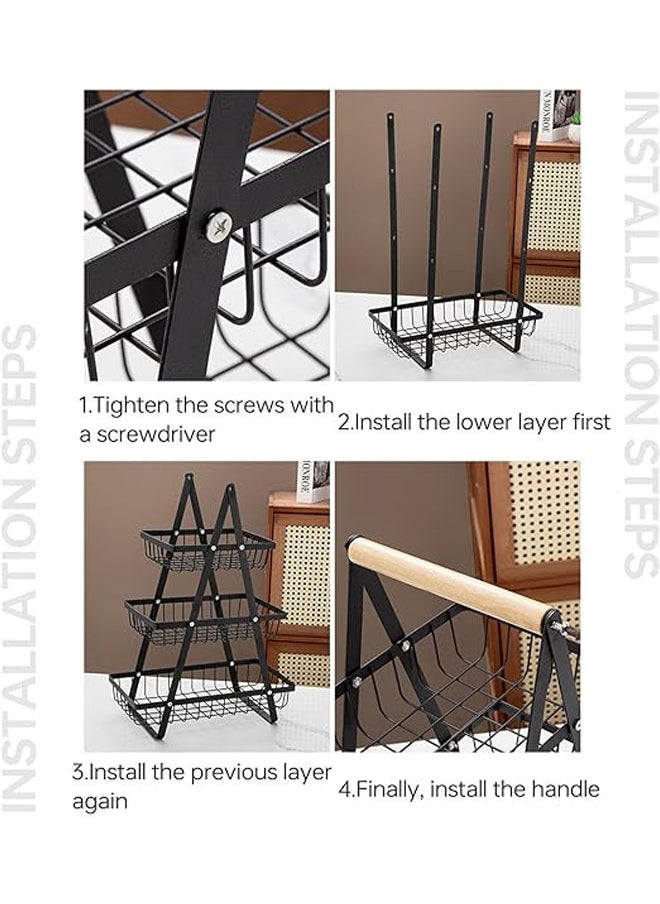 3 Tier Fruit Basket, Fruit Basket for Kitchen Counter,Fruit Holder,Fruit Bowl with Wooden Handles, for Kitchen Storage and Restaurant Fruit Vegetable Bread Snack Storage (White)