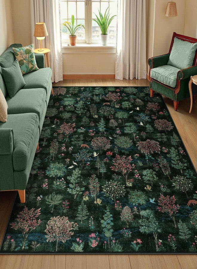 Wonnitar Forest Dark Green Rug for Living Room, Washable 5x7 Area Rugs Ultra-Thin, Boho Soft Non Slip Stain Resistant Woodland Jungle Carpet for Bedroom, Dining Room, Office - Image 1