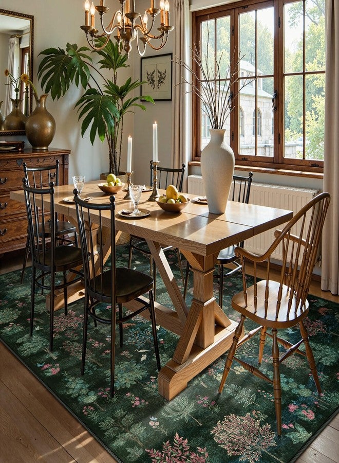 Wonnitar Forest Dark Green Rug for Living Room, Washable 5x7 Area Rugs Ultra-Thin, Boho Soft Non Slip Stain Resistant Woodland Jungle Carpet for Bedroom, Dining Room, Office - Image 3