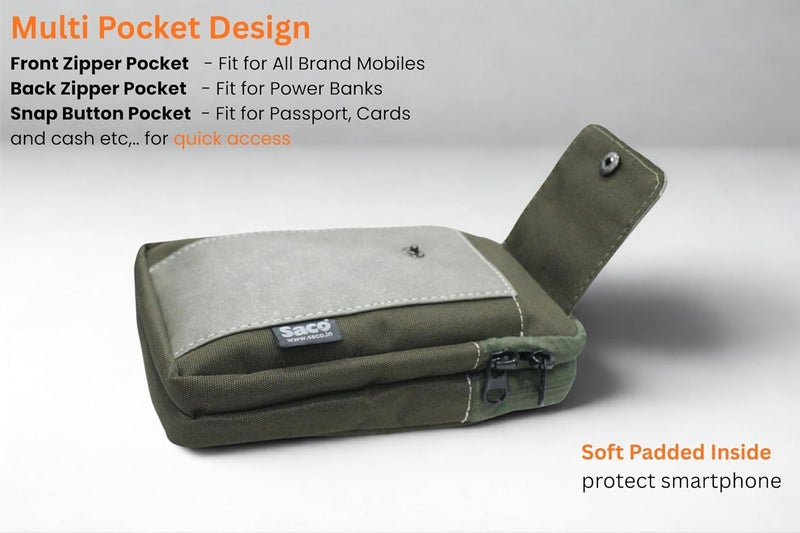 Saco حقيبة سaco النسيج النايلون المتين للهواتف المحمولة للرجال - حاملة هواتف مزدوجة مع 2 جيب بسحاب وزر ضغط، حلقة حزام ومشبك، حقيبة حزام للهواتف الذكية حتى 6.8 بوصة | حقيبة عبر الجسم وحقيبة كتف للرجال والنساء - Image 3