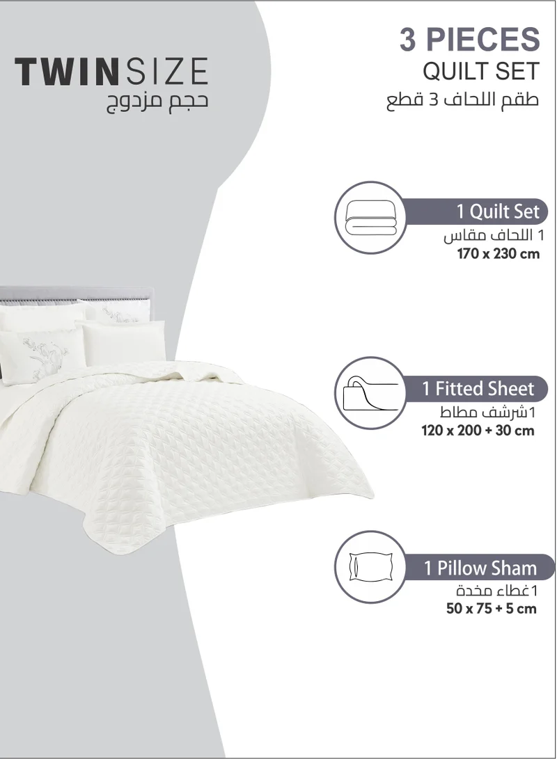 Donetella Quilt Set 3-Pcs Single Size Bed Fits(120 X 200 Cm) Reversible Quilted Coverlet Set With Matching Fitted Sheet Pillowsham And Pillowcases,Ivory
