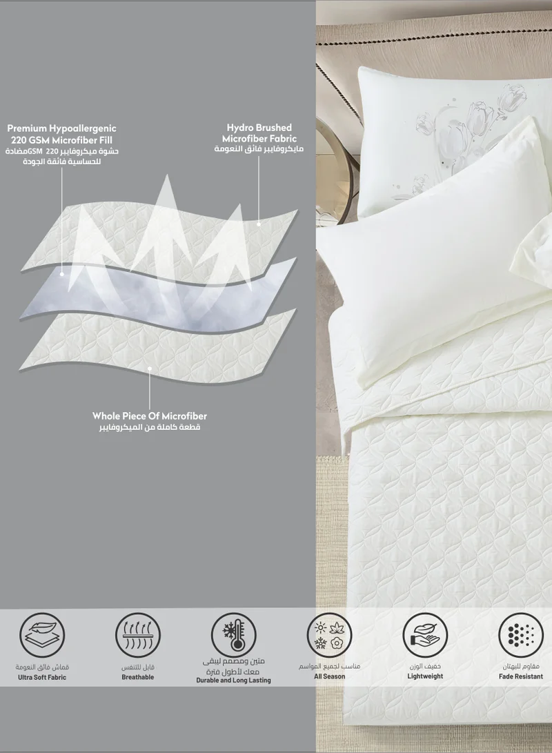 Donetella Quilt Set 3-Pcs Single Size Bed Fits(120 X 200 Cm) Reversible Quilted Coverlet Set With Matching Fitted Sheet Pillowsham And Pillowcases,Ivory