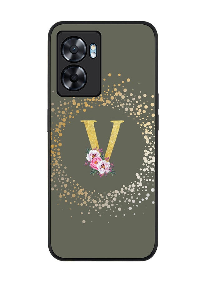 Stylizedd Rugged Black edge case for Oppo A57 Slim fit Soft Case Flexible Rubber Edges TPU Gel Thin Cover - Custom Monogram Initial Letter Floral Pattern Alphabet - V (Olive Green)  - Image 1
