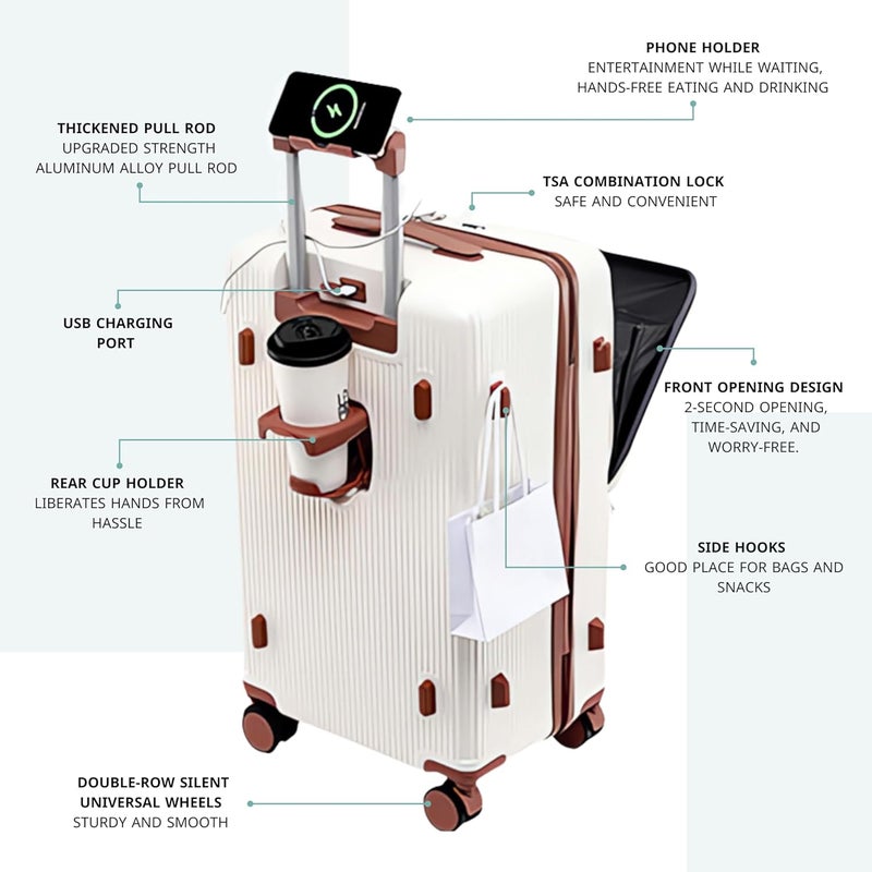 TEREPLUS® 20 Inch Travel Trolley Bag Suitcase with Front Open Laptop Compartment, USB Port Charging, Silent Wheels, Hook - Black & Mocha - Image 2