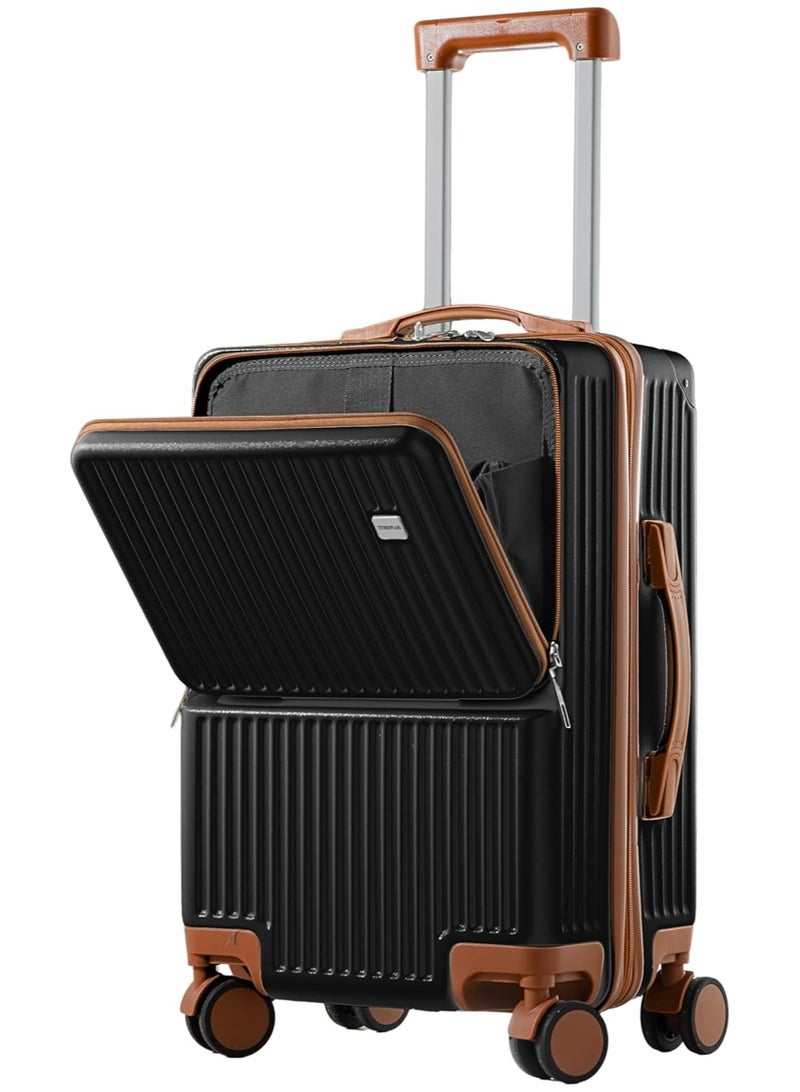 TEREPLUS® 20 Inch Travel Trolley Bag Suitcase with Front Open Laptop Compartment, USB Port Charging, Silent Wheels, Hook - Black & Mocha - Image 1