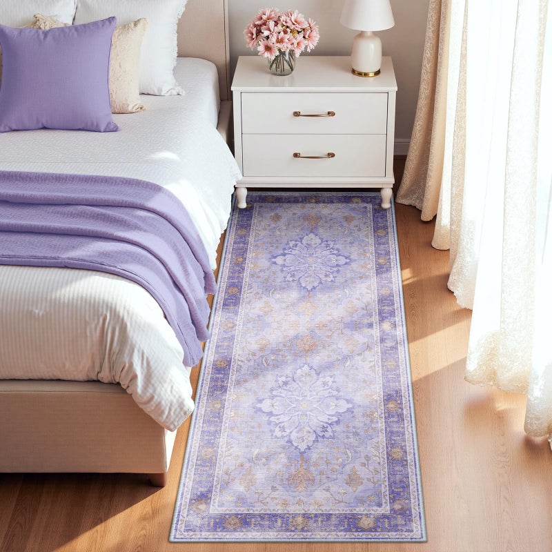 RELEANY Area Rugs 8'x10' Washable Non-Slip  Floral Vintage Distress Print Pattern Medallion Carpet for Living Room Bedroom Dining Room  Light Purple Brown - Image 2