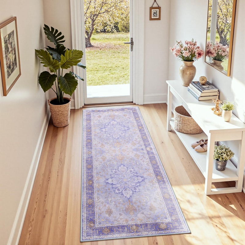 RELEANY Area Rugs 8'x10' Washable Non-Slip  Floral Vintage Distress Print Pattern Medallion Carpet for Living Room Bedroom Dining Room  Light Purple Brown - Image 1