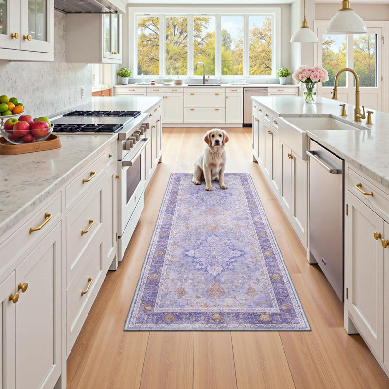 RELEANY Area Rugs 8'x10' Washable Non-Slip  Floral Vintage Distress Print Pattern Medallion Carpet for Living Room Bedroom Dining Room  Light Purple Brown - Image 3