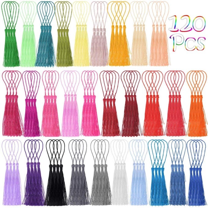 TASSELS 120PCS BOOKMARK TASSELS SILKY HANDMADE SOFT CRAFT MINI TASSELS WITH LOOPS FOR BOOKMARKS CRAFTS AND JEWELRY MAKING 30 COLORS