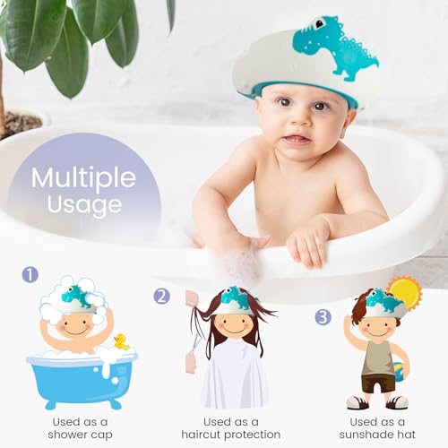 FUNUPUP Baby Shower Cap for Kids with Bath Rinse Cup, Adjustable Toddler Hair Washing Shield Hat Baby Bath Visor Shampoo Hat for Toddlers 6M-9T（Dinosaur Blue) - Image 4