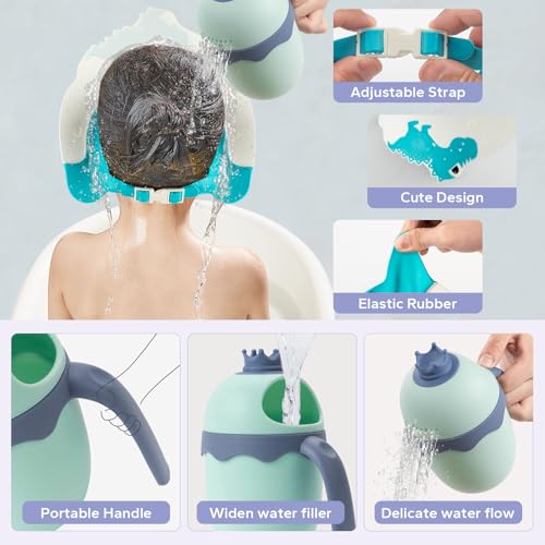 FUNUPUP Baby Shower Cap for Kids with Bath Rinse Cup, Adjustable Toddler Hair Washing Shield Hat Baby Bath Visor Shampoo Hat for Toddlers 6M-9T（Dinosaur Blue) - Image 3
