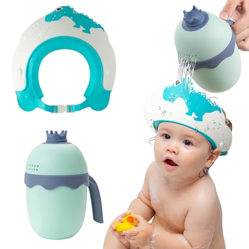 FUNUPUP Baby Shower Cap for Kids with Bath Rinse Cup, Adjustable Toddler Hair Washing Shield Hat Baby Bath Visor Shampoo Hat for Toddlers 6M-9T（Dinosaur Blue) - Image 1