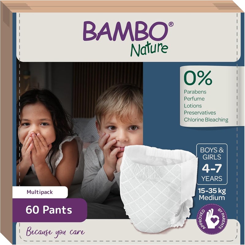 BAMBO NATURE بامبو ناتشر بريميوم بنطلونات ليلية حالمة قابلة للسحب مصنفة بيئياً حفاضات ليلية آمنة مريحة صديقة للبشرة للأطفال من عمر 4 إلى 7 سنوات 60 قطعة - Image 1
