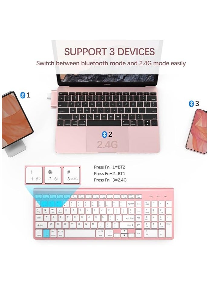 erorex Bluetooth Keyboard, Pink Wireless Keyboard with Number Pad, J Dual Mode Slim Keyboard Connects Up to 3 Devices for iMac/Mac,Mac, iPad,Laptop,Android,Windows - Image 5