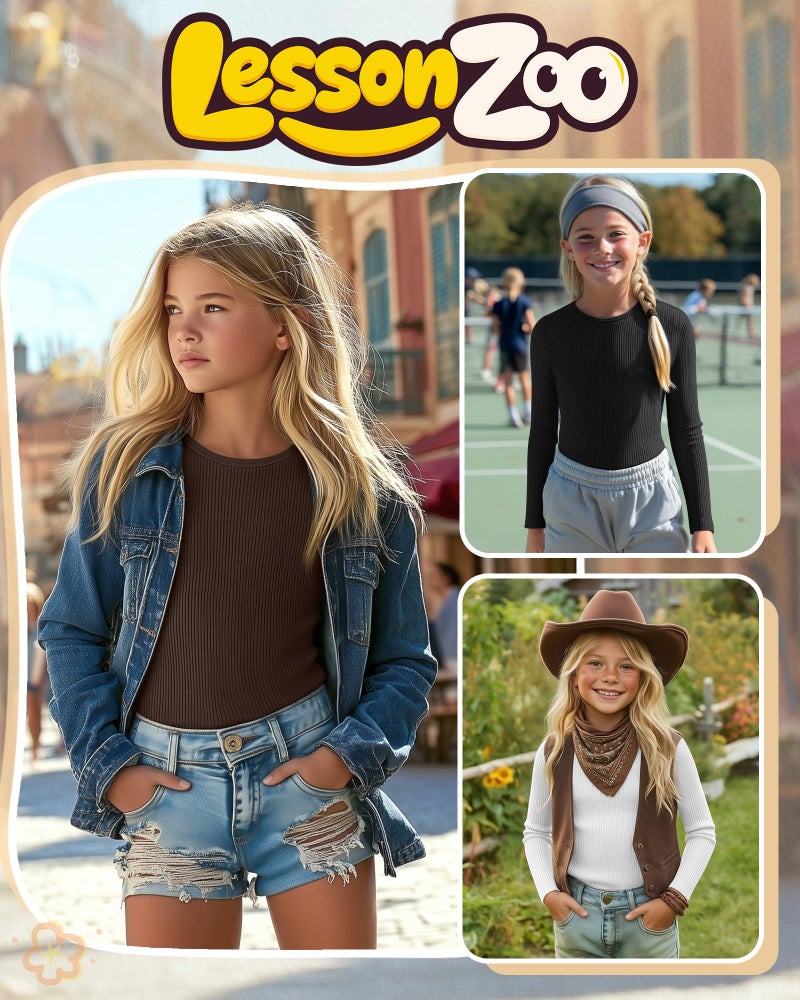 LessonZoo 3 Pack Girls Long Sleeve Shirts Ribbed Knit Cotton Layering Tops Slim Fit Crewneck Casual Undershirts(Black, White, Brown,11-12 Years) - Image 2