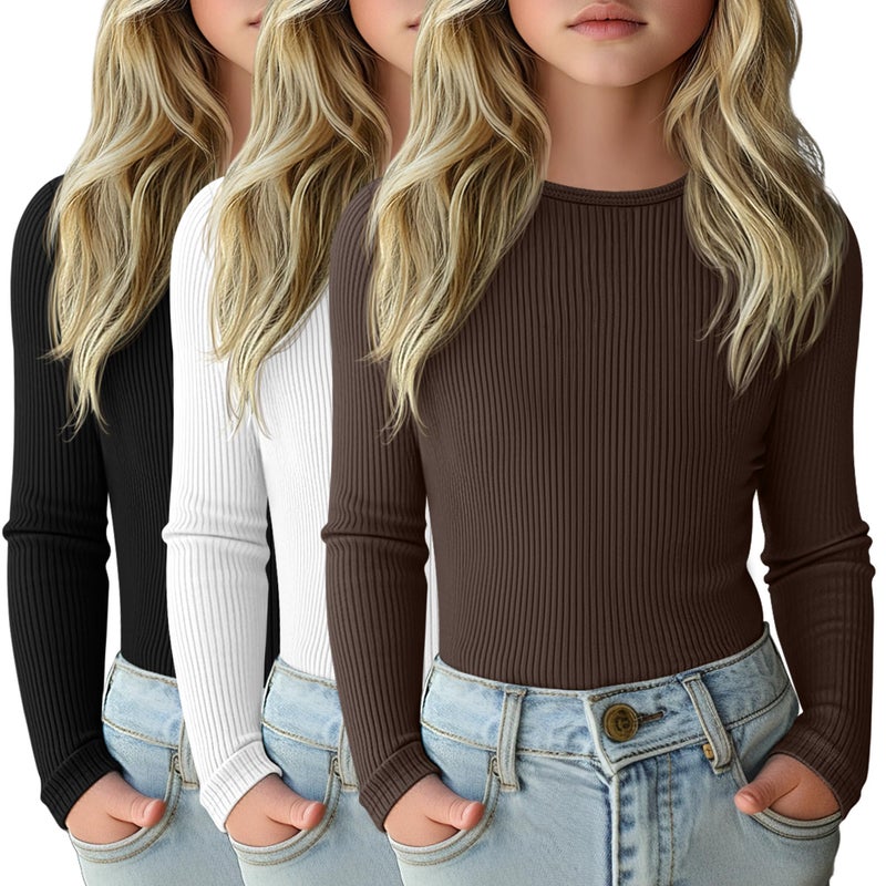 LessonZoo 3 Pack Girls Long Sleeve Shirts Ribbed Knit Cotton Layering Tops Slim Fit Crewneck Casual Undershirts(Black, White, Brown,11-12 Years) - Image 1