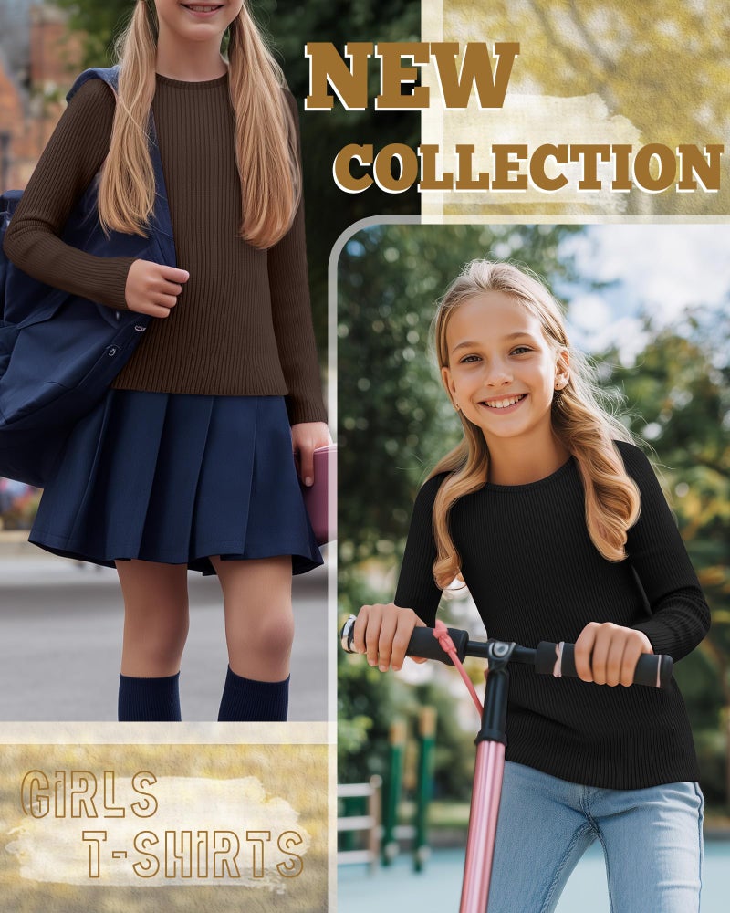LessonZoo 3 Pack Girls Long Sleeve Shirts Ribbed Knit Cotton Layering Tops Slim Fit Crewneck Casual Undershirts(Black, White, Brown,11-12 Years) - Image 3