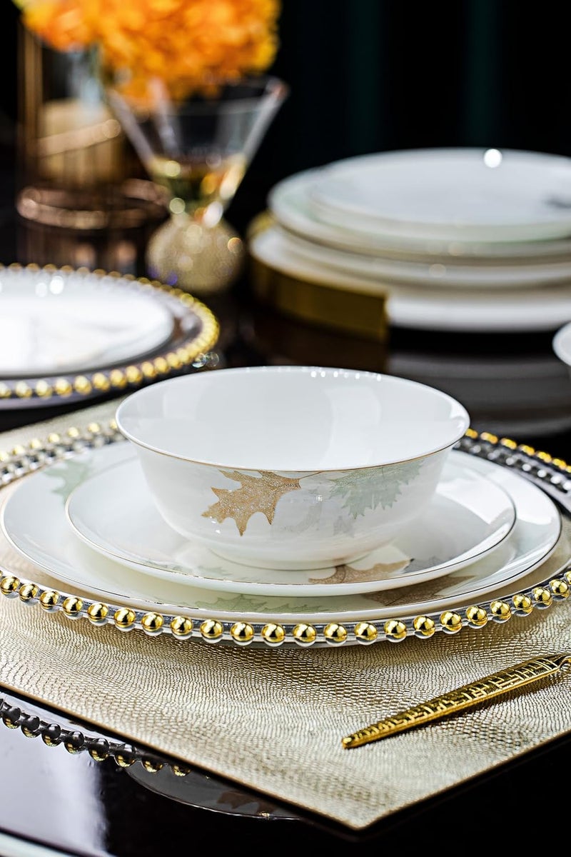 fhgnysm طقم أدوات مائدة صيني فني مع أطباق عظمية مقاومة للحرارة مزينة بالذهب، طقم مزخرف داخلي من فن جينغديتشين لخدمة 4 أشخاص على شكل ورقة القيقب - Image 5