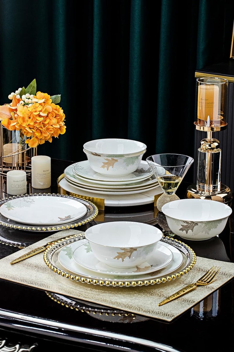 fhgnysm طقم أدوات مائدة صيني فني مع أطباق عظمية مقاومة للحرارة مزينة بالذهب، طقم مزخرف داخلي من فن جينغديتشين لخدمة 4 أشخاص على شكل ورقة القيقب - Image 2