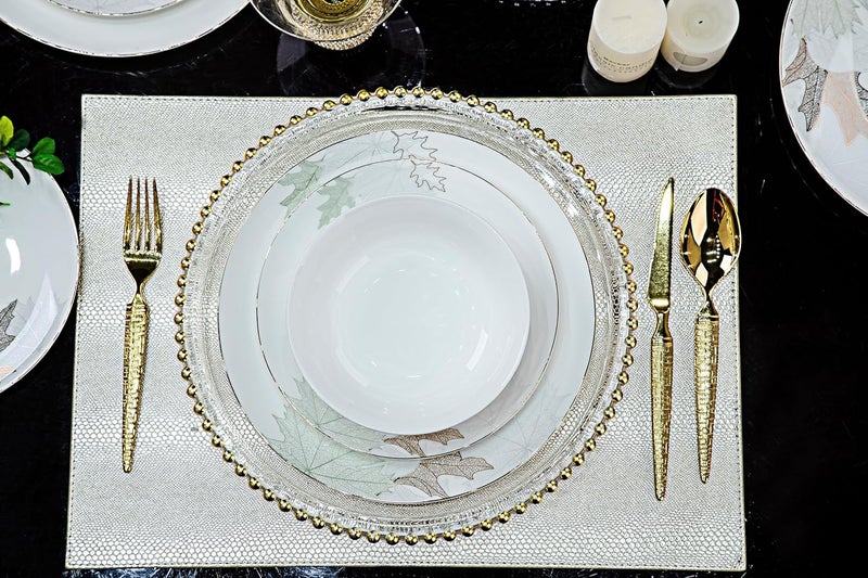 fhgnysm طقم أدوات مائدة صيني فني مع أطباق عظمية مقاومة للحرارة مزينة بالذهب، طقم مزخرف داخلي من فن جينغديتشين لخدمة 4 أشخاص على شكل ورقة القيقب - Image 4