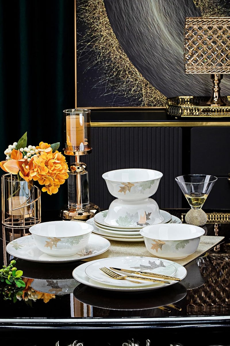 fhgnysm طقم أدوات مائدة صيني فني مع أطباق عظمية مقاومة للحرارة مزينة بالذهب، طقم مزخرف داخلي من فن جينغديتشين لخدمة 4 أشخاص على شكل ورقة القيقب - Image 3