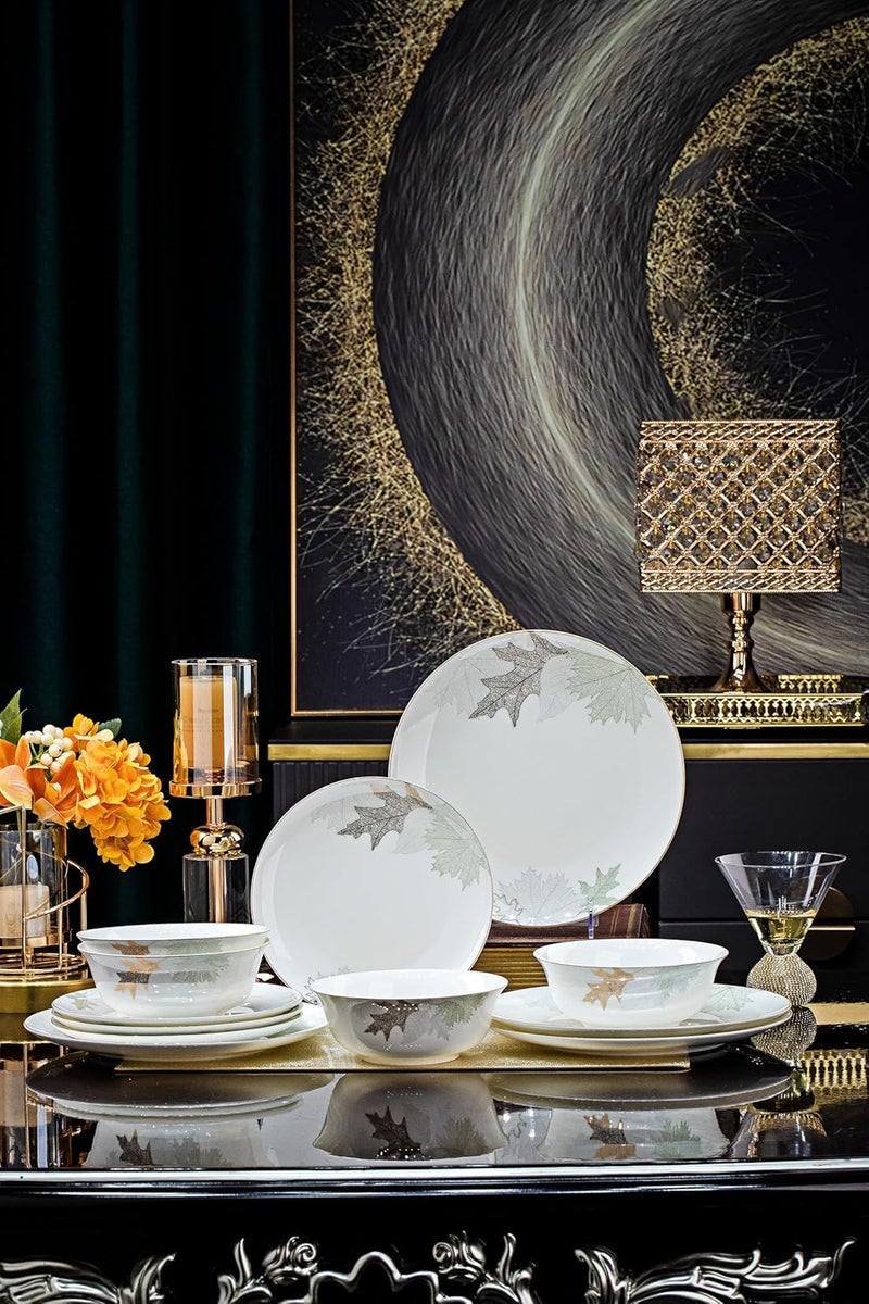 fhgnysm طقم أدوات مائدة صيني فني مع أطباق عظمية مقاومة للحرارة مزينة بالذهب، طقم مزخرف داخلي من فن جينغديتشين لخدمة 4 أشخاص على شكل ورقة القيقب - Image 1