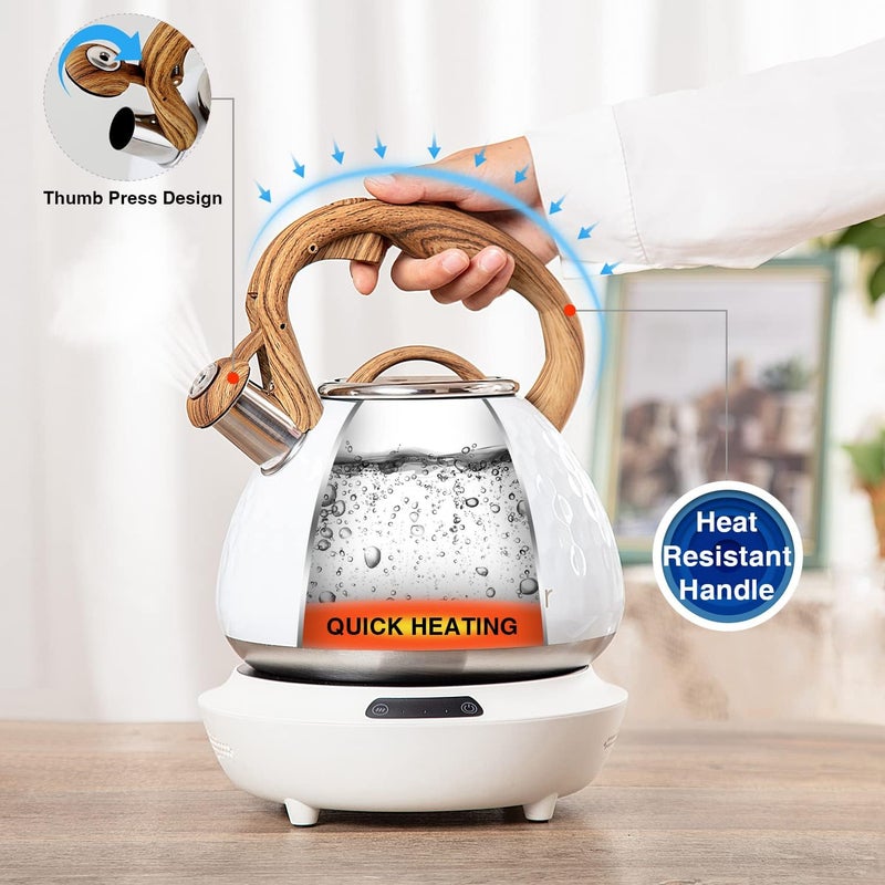 toptier Tea Kettle, Teapot Whistling Kettle with Wood Pattern Handle Loud Whistle, Food Grade Stainless Steel Tea Pot for Stovetops Induction Diamond Design Water Kettle, 2.7-Quart White - Image 3