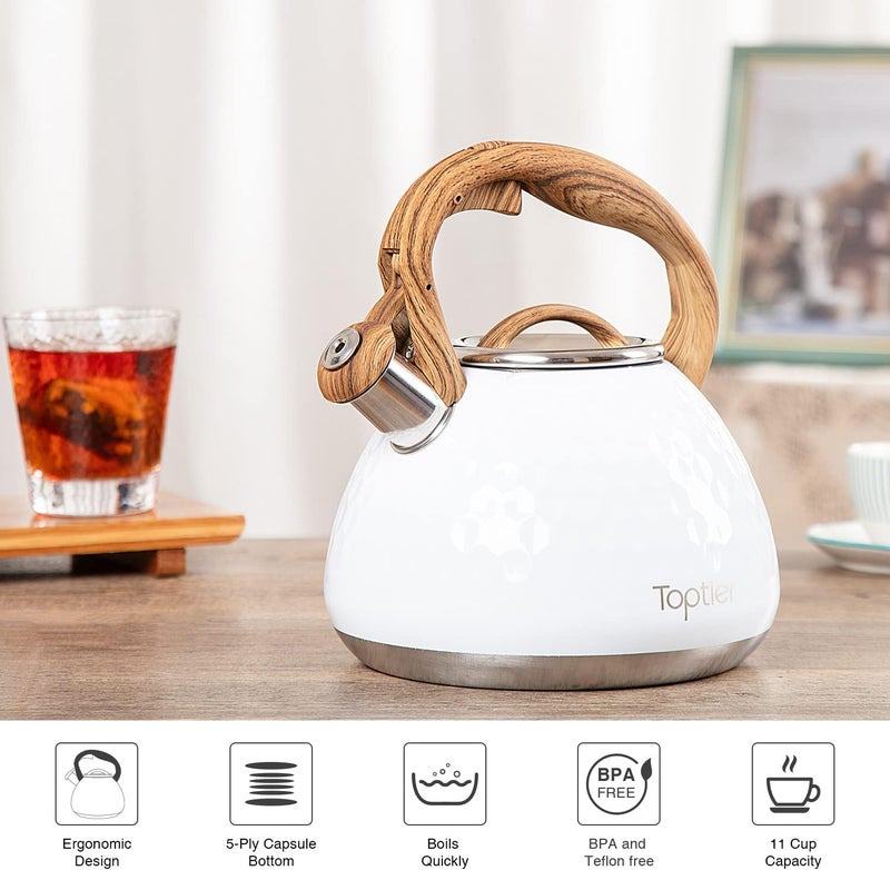 toptier Tea Kettle, Teapot Whistling Kettle with Wood Pattern Handle Loud Whistle, Food Grade Stainless Steel Tea Pot for Stovetops Induction Diamond Design Water Kettle, 2.7-Quart White - Image 5