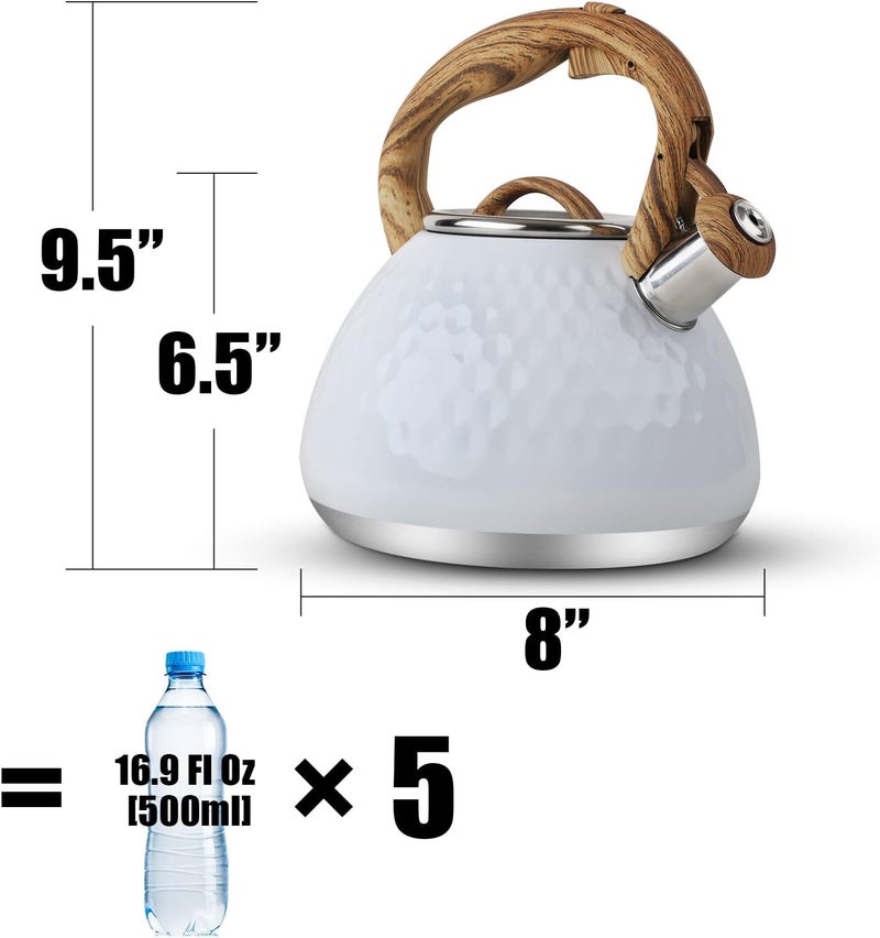 toptier Tea Kettle, Teapot Whistling Kettle with Wood Pattern Handle Loud Whistle, Food Grade Stainless Steel Tea Pot for Stovetops Induction Diamond Design Water Kettle, 2.7-Quart White - Image 2