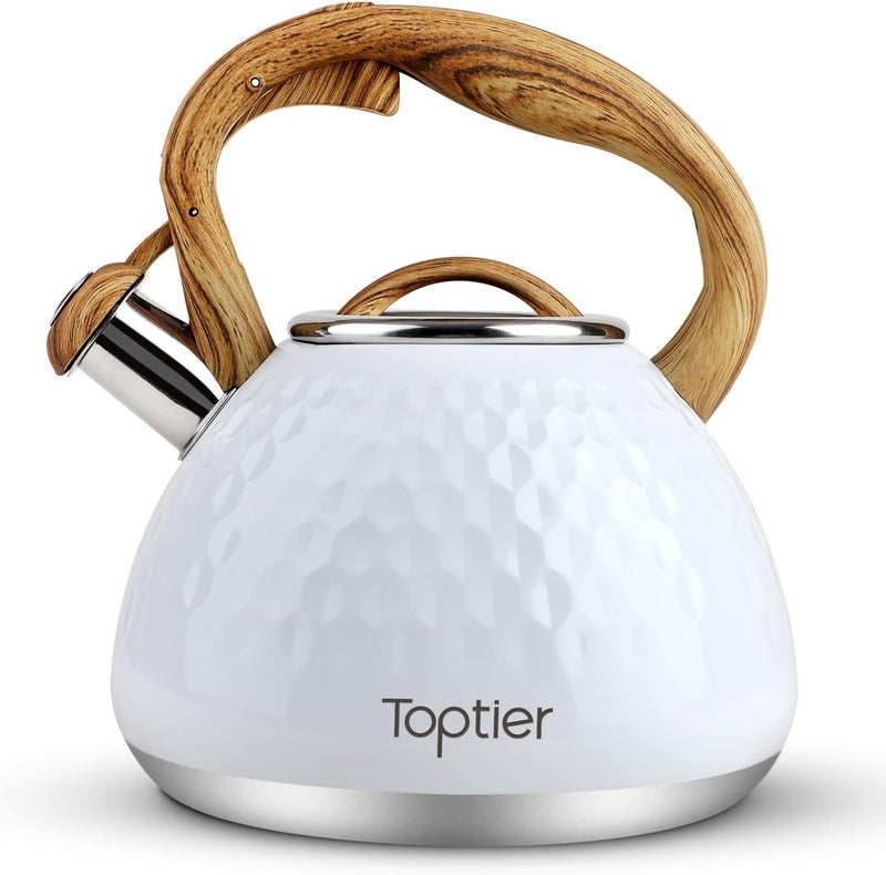 toptier Tea Kettle, Teapot Whistling Kettle with Wood Pattern Handle Loud Whistle, Food Grade Stainless Steel Tea Pot for Stovetops Induction Diamond Design Water Kettle, 2.7-Quart White - Image 1