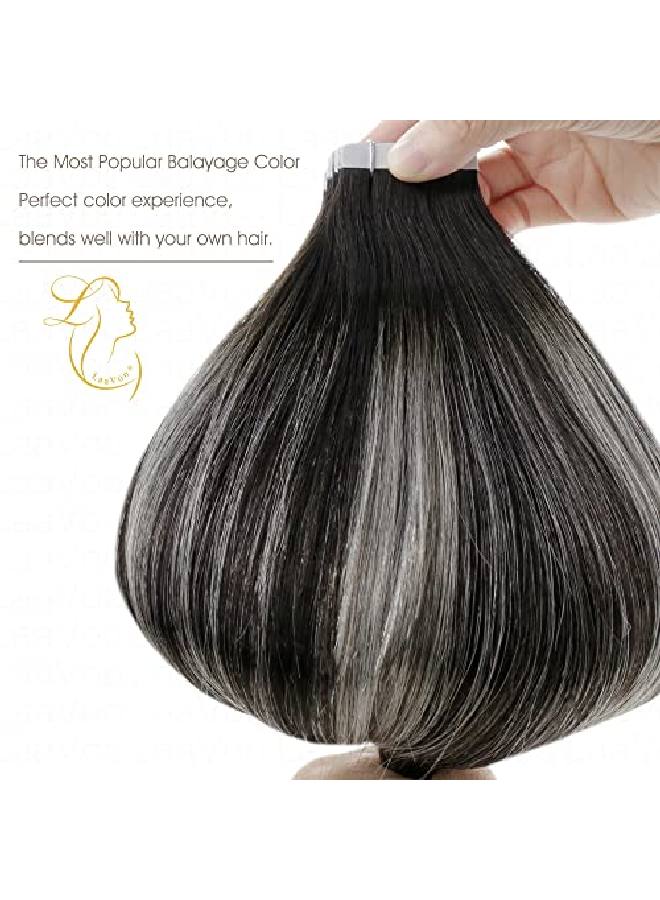 LaaVoo Ombre Tape In Hair Extensions Natural Black To Grey Silver Balayage Hair Extensions Tape Ins Thick Ends Salon Quality For Black Women 20Pcs 50Grams 16 Inch - Image 3