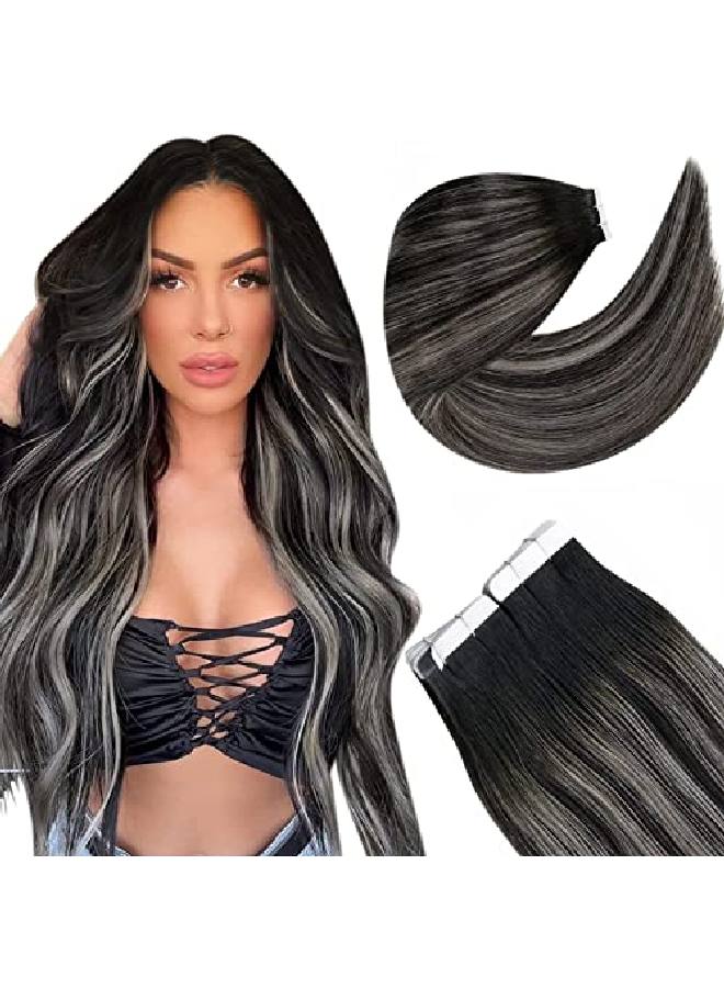 LaaVoo Ombre Tape In Hair Extensions Natural Black To Grey Silver Balayage Hair Extensions Tape Ins Thick Ends Salon Quality For Black Women 20Pcs 50Grams 16 Inch - Image 2