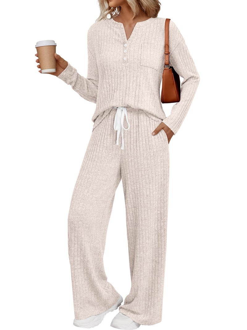 LILLUSORY Womens 2 Piece Lounge Sets Matching Airport Travel Outfits 2026 Spring Clothing Fall Pajamas Sweat Suits Pockets Apricot 2XL - Image 1