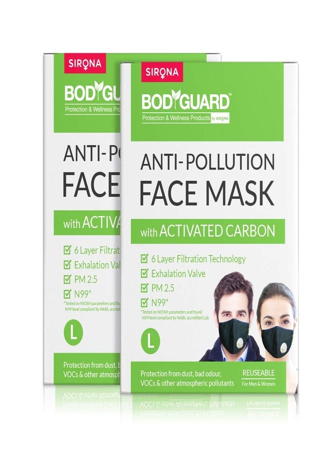 Bodyguard Unisex Cotton Reusable N99 + PM2.5 with 6 Layer Anti Pollution Face Mask with Valve (Black, Large) - Pack of 2 - Image 1