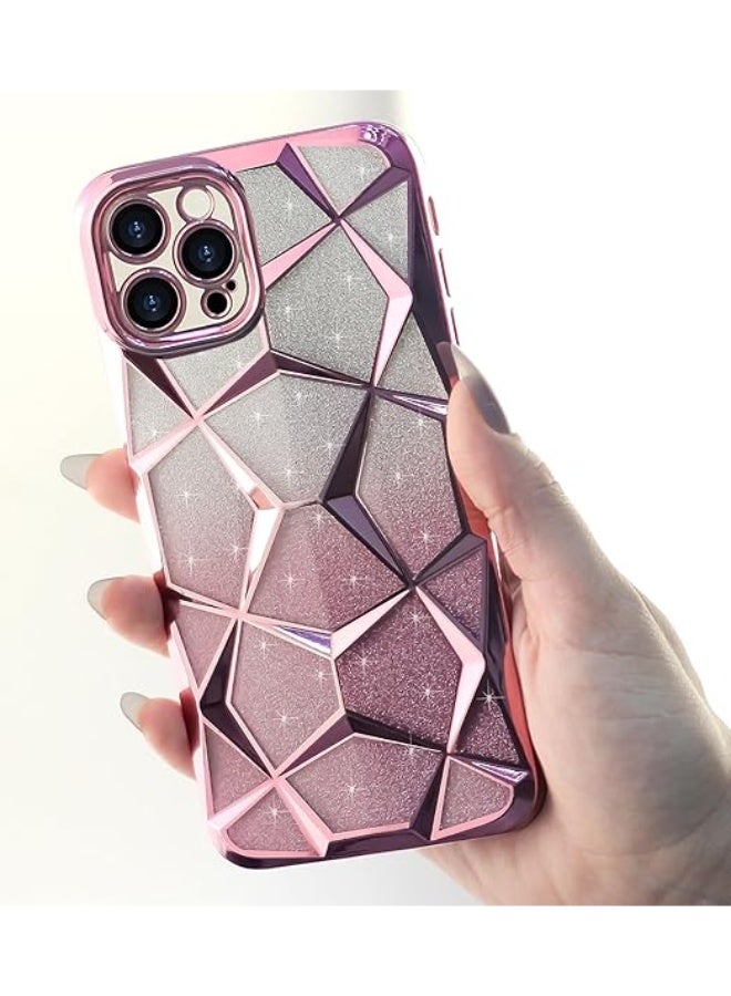 Compatible with iPhone 12 Pro Max 6.7-Inch Case Plating Bling Gradient Glitter Clear Cover Soft TPU Silicone Cute Camera Protection Shockproof Back for Women Girls Case - Pink