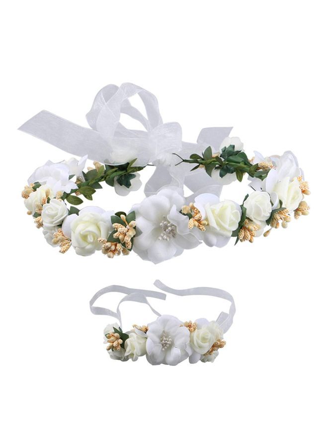 NIBEMINENT 2-Piece Floral Crown Headband With Wrist Band Set White/Beige/Green