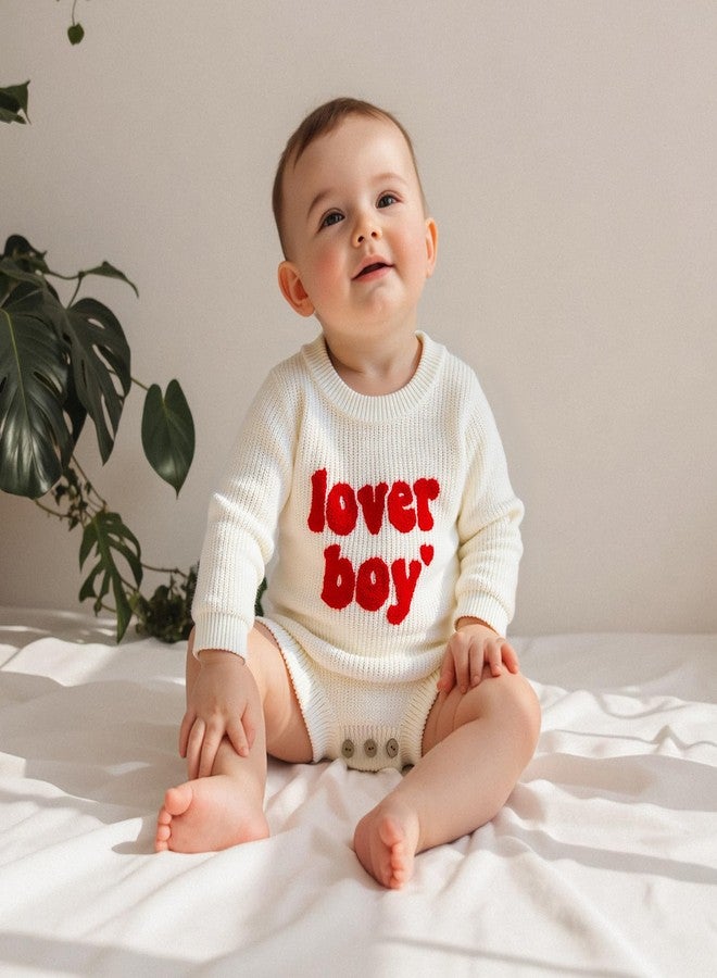 DNOMAID YZARC Newborn Infant Baby Boy Valentines Outfit Lover Boy Embroidery Sweater Romper Long Sleeve Chunky Knit Bodysuit (White, 0-3 Months) - Image 3