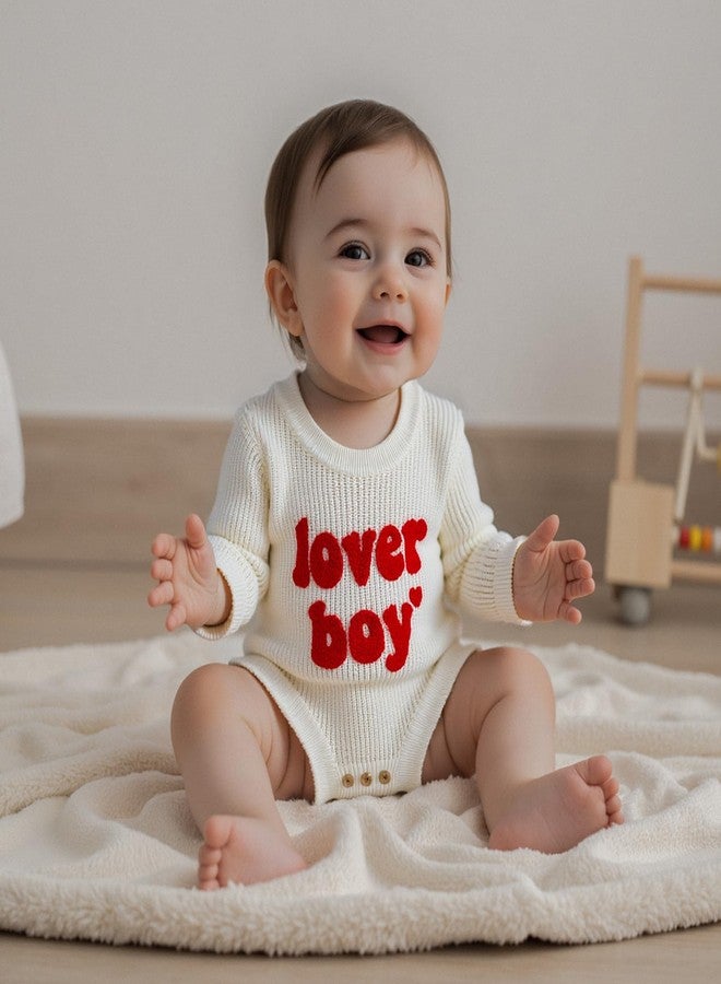 DNOMAID YZARC Newborn Infant Baby Boy Valentines Outfit Lover Boy Embroidery Sweater Romper Long Sleeve Chunky Knit Bodysuit (White, 0-3 Months) - Image 2